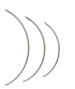 Three crescent-shaped metal arcs arranged diagonally from largest to smallest on a white background, tapering at the ends.