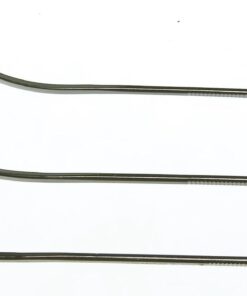 Three curved dental endodontic files laid parallel on a white background.